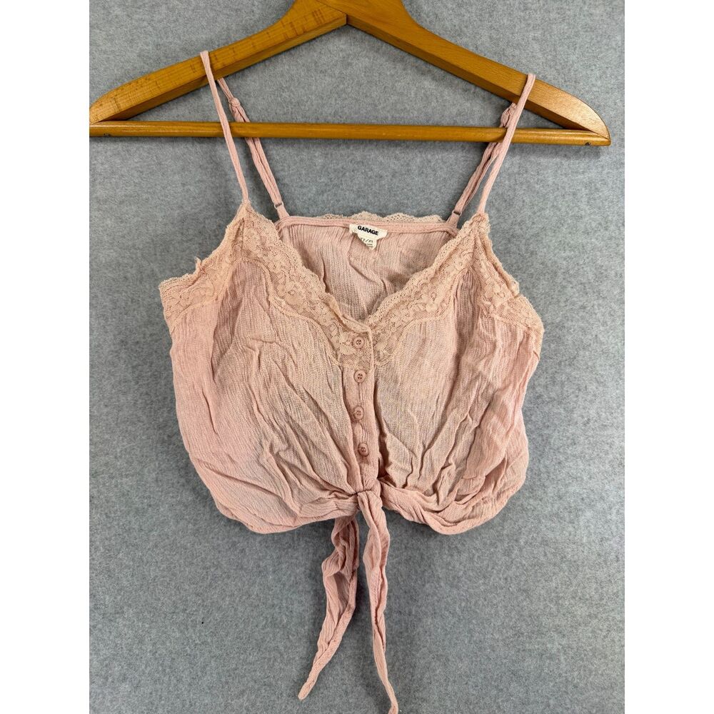 Garage Pink Lace Trim Button Front Tie Crop Cami Tank Top XS 3605